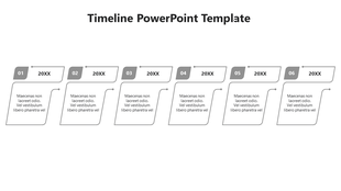 A timeline ideas template with six stages, each featuring grey colored boxes and placeholder text.