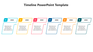 Timeline with six colorful sections in teal, yellow, red, blue, orange, and green, with numbered years and text placeholders.