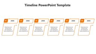 Timeline layout with a bold orange theme, featuring six rectangular year markers, and text placeholders below.