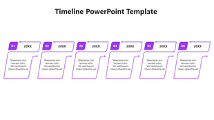 A timeline ideas template with six stages, each featuring purple colored boxes and placeholder text.