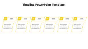 Timeline slide with six outlined text boxes in yellow, each showing a numbered stage and placeholder text.