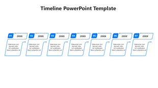 Blue seven step timeline with sleek rectangular labels and connected description boxes underneath.