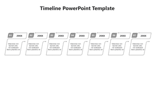 A seven step gray timeline PowerPoint template with captions and year markers.