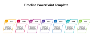 Timeline slide with seven numbered steps in yellow, red, pink, purple, blue, teal, and green, each with a label and text box.