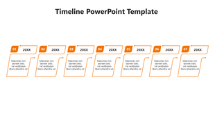 Orange themed timeline with seven numbered milestones in rectangles, linked to descriptions in angled boxes for clarity.