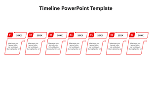 Green themed timeline template with seven stages and description boxes beneath each label placed in a white background.