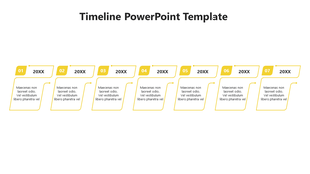 Structured yellow timeline with seven steps, each in a rectangular format, connecting events with descriptions below.
