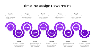 Curved grey timeline featuring five circular nodes marked '20XX,' connected sequentially with text below.