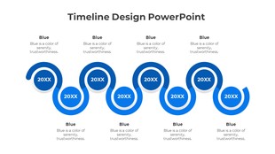 A blue wave style timeline PPT slide design featuring multiple steps and space for years.