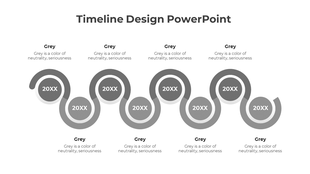 Red themed timeline template with seven stages and description boxes beneath each label placed in a white background.