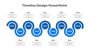 Visually engaging blue timeline with nine circular markers connected by a flowing, curved path, evenly spaced.