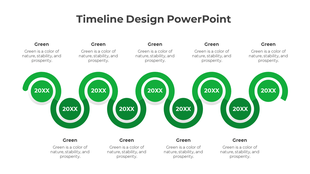 A curved green timeline with nine circular markers, each containing 20XX, connected in a continuous wave like flow.