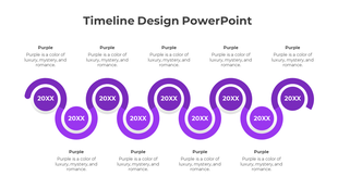 A timeline design PowerPoint slide with purple circular markers, representing different stages, with placeholder text.