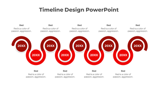 Spiral timeline design with interconnected green circles labeled '20XX' along a curved path placed in a white background.