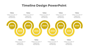 Modern timeline with yellow spirals and nine circular nodes, alternating in position, representing sequential events.