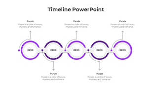 A purple colored timeline PPT template featuring circular markers with years 20XX and descriptive captions.