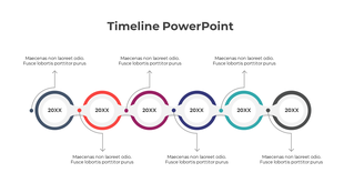 Six step multicolored timeline infographic with circular nodes, curved connectors, and placeholder text.