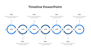 A blue themed timeline PowerPoint template with circles, arrows, and year labels with descriptions.