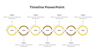 A cheerful yellow themed timeline PowerPoint template with circular markers, arrows, and year labels representing progress.