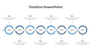 Vertical timeline with four red diamond milestones connected to circular nodes, captions linked to text boxes with icons.
