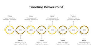 A simple timeline PPT template featuring a yellow theme with eight circular markers for each year.
