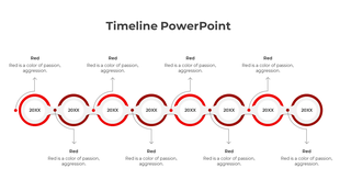 Horizontal timeline with eight circular red milestones labeled 20XX, connected by a curved path with alternating captions.