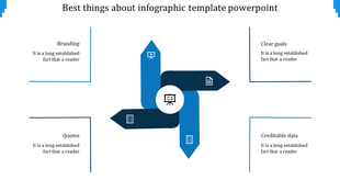 Infographic template with a four way arrow design in blue, featuring a central icon, and four surrounding text boxes.