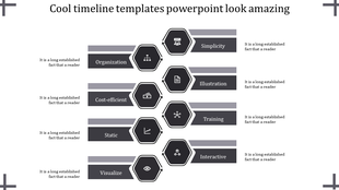 Infographic style timeline with a dual sided layout, using eight gray hexagons and gradient bars for key milestones.