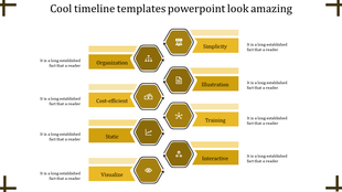 Modern infographic with six yellow hexagonal nodes, each containing white icons, connected to labeled text sections. 