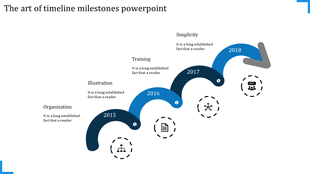 Grayscale horizontal timeline spanning 2016 to 2021, featuring square milestones, connected by a gray bar.