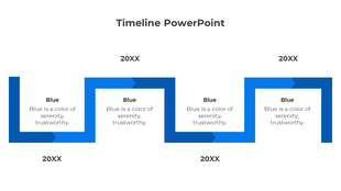 Infographic timeline with a blue angular path, featuring arrowed sections connecting text boxes and placeholder years.