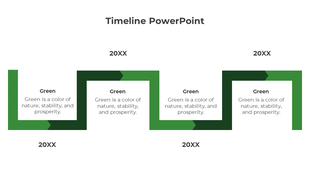 Timeline PPT slide with green zigzag arrows, each representing the year 20XX with a text description of the color green.