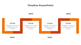 Modern timeline with a bold orange zigzag path, integrating text boxes and placeholder years marked as 20XX.