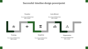 Green and gray zigzag timeline with five rectangular sections, featuring black icons, and text evenly spaced above and below.