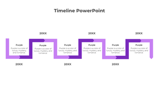 Timeline PowerPoint with purple zigzag design, showing 5 milestones labeled '20XX' and text 'Purple is a color of luxury.