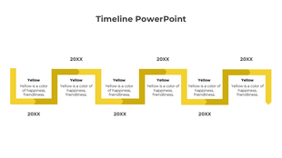 Timeline PowerPoint with yellow zigzag design, showing 5 milestones labeled '20XX' and text 'Yellow is a color of happiness.