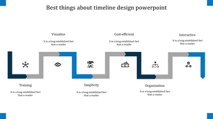 Blue themed timeline template featuring zigzag layout forming six key steps labeled and icons for each concept.