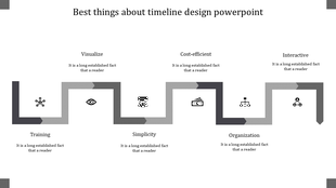 A timeline slide with six stages, including icons for various concepts from training to interactive with placeholder text.