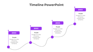 Modern purple timeline with four labels, circular markers, and a dotted curve connecting events in a progressive sequence.