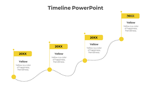 Timeline slide with yellow flags representing different years, with a dashed line connecting each year.