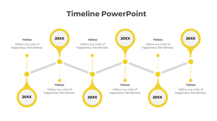 Flowchart style timeline with alternating top and bottom yellow circular markers, connected through central gray lines.