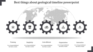 Geological timeline PPT slide with grey gear icons representing different stages from training to interactive with text area.