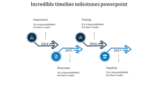 Business timeline infographic featuring blue arrows and milestone icons for years 2014-2017, arranged in a zigzag pattern.