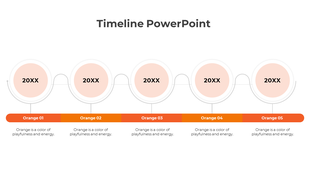 Five step timeline with orange circular nodes labeled 20XX, connected by a curved line, with segmented orange labels below.