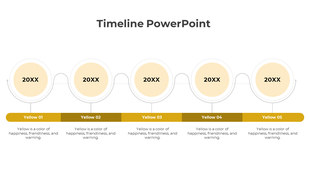 Timeline with five yellow circular steps labeled 20XX, linked by a curved line, with matching yellow labeled sections below. 