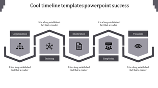 Five-step grey timeline with hexagon icons and placeholders, representing stages from organization to visualization.