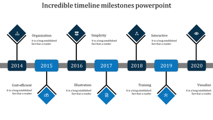 Timeline featuring seven blue diamonds with black details, and a horizontal gray bar linking milestones.