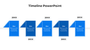 Modern timeline with six alternating shades of blue folded page elements, each linked to a placeholder year.