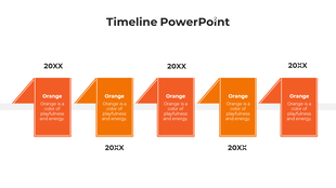 Modern timeline with six alternating shades of orange folded page elements, each linked to a placeholder year.