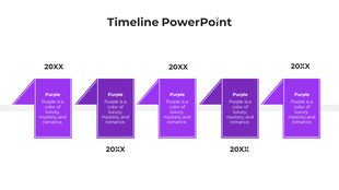 Purple themed timeline with five vertical labels, each featuring a year placeholder and text inside.